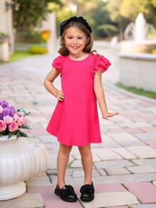 SHEIN 年轻女孩纯色圆领 A 字裙，带荷叶边下摆和蝴蝶袖