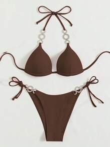 Swim Basics Women's Chain Strap Push-Up Padless Bikini For Summer Beach Vacation - Brown - View 4