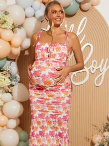 Loomaby 孕妇花卉印花前系带修身优雅细肩带连衣裙 - 杏色 - 查看 3