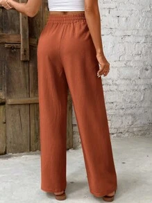 SHEIN PETITE CURVE Plus Size Women's Solid Color Straight Leg Elastic Waist Drawstring Casual Pants Valentine's Day - Redwood - View 2