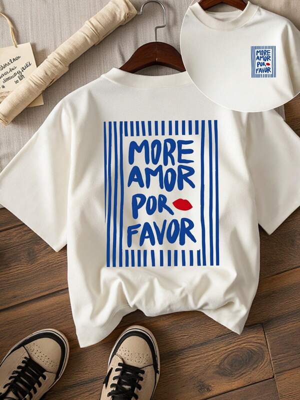 INAWLY Tricou cu mânecă scurtă pentru femei More Amor Por Favor, casual, cu slogan, versatil