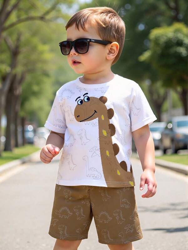 SHEIN 1 Set Toddler Boys' Cartoon Dinosaur Print T-Shirt And Matching Brown Shorts, Cute Outfits For Everyday Wear, Suitable For Spring And Summer
