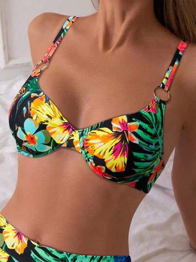 Swim Lushoire 植物印花经典沙滩泳衣，全新设计女式钢圈聚拢比基尼上衣，带金属配饰