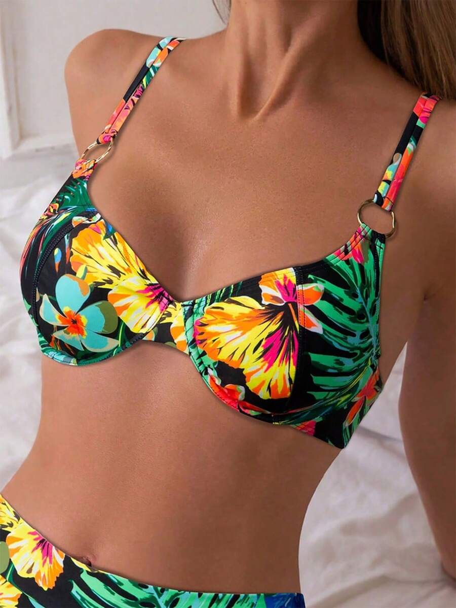 Swim Lushoire 植物印花经典沙滩泳衣，全新设计女式钢圈聚拢比基尼上衣，带金属配饰 - 彩色 - 查看 1