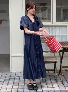 DAZY Damen Sommer Casual Elegant Koreanischer Stil Puffärmel Denim Mini Kleid - Blau - Übersicht 3