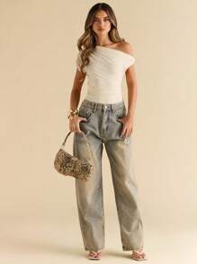 SHEIN BAE 女士纯色不对称领口褶饰修身紧身衣 - 杏色 - 查看 3