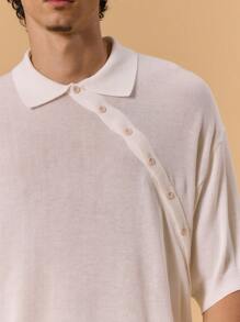 Musero Asymmetrical Button Polo Knit Top Drop Shoulder Knitwear Spring Summer Holiday Vacation - Apricot - View 2