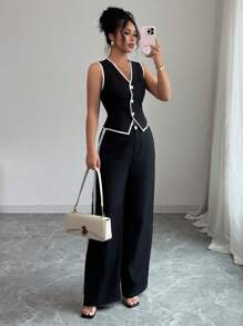 Selianne 女式夏季撞色无袖西装外套和阔腿裤套装