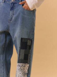 Musero Straight Leg Patchwork Jeans Washed Denim Spring Summer Urban Streetstyle - Light Wash - View 5