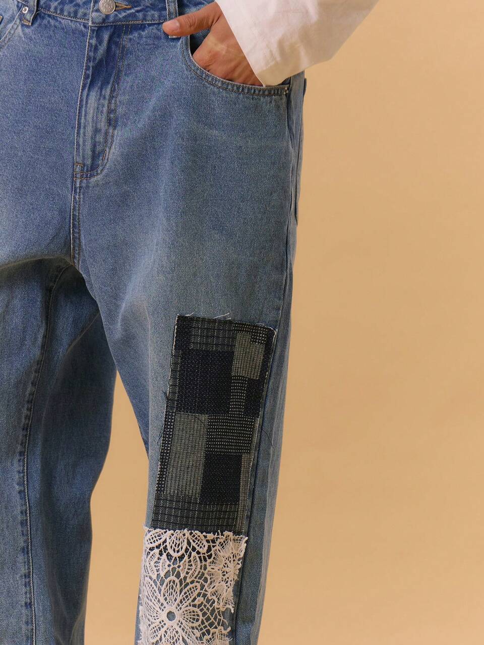 Denim Remendado de Perna Reta Denim Lavado Estilo Urbano de Primavera e Verão