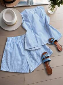 GlowEve 2 件套女士夏季条纹前系带吊带背心和短裤套装，休闲 - 藍色 - 查看 2