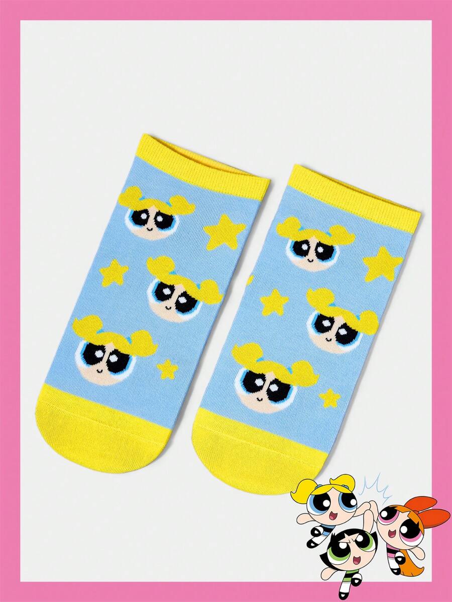 THE POWERPUFF GIRLS X SHEIN 1 双女士泡泡图案时尚可爱短袜