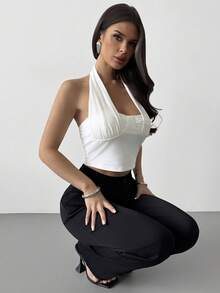 Firerie 女士优雅简约性感时尚新款休闲音乐节网眼露背紧身白色短款上衣 - 白色 - 查看 6