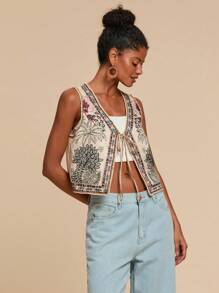 Travachic 编织棕榈树印花系带前开襟无袖上衣，适合女士、夏季、沙滩装、春夏、复活节、假期、海滩、春假、适合度假、下午茶、婚礼季、海滩邮轮度假、城市公路旅行度假、波西米亚风度假、音乐节、沙滩装、复活节、女士海滩、优雅上衣、度假、音乐会、热带度假、假日、波西米亚风、适合春夏和秋季 - 杏色 - 查看 7