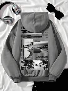 SHEIN 休闲风景字母印花宽松卫衣，适合青少年女孩秋冬季穿着 - 深灰色 - 查看 1