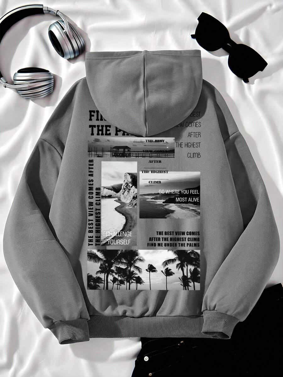 SHEIN 休闲风景字母印花宽松卫衣，适合青少年女孩秋冬季穿着 - 深灰色 - 查看 1