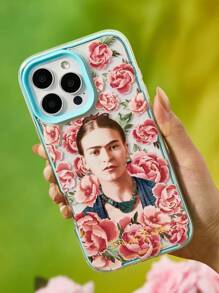 Frida Kahlo X SHEIN Funda de teléfono móvil con gráfico de figura, transparente en azul verdoso, duradera y de moda, compatible con iPhone