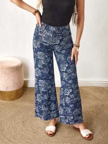 EMERY ROSE Women's Casual Street Fashion All-Over Floral Print Flared Jeans - Blue - View 4
