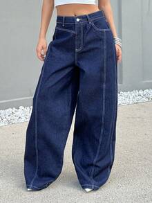EURMUSE Jean femme taille basse, ample et ample en denim brut - Jean brut - Voir 4