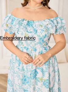 Modelyn Váy chữ A trễ vai tay bèo nhún thêu & in thanh lịch cỡ lớn, dáng thường cho mùa xuân và mùa hè - Nhiều màu - Xem 4