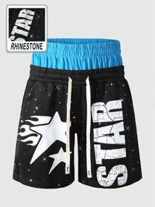 ROMWE MEN Men's Street Life Double Waistband Printed Rhinestone Embellished Shorts - Black - View 1