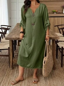 Breezaya 大码女装夏季纽扣装饰V领卷袖直筒休闲连衣裙 女装夏季服装 大码女式吊带裙 工作夏季连衣裙 女装夏季服装 - 軍綠色 - 查看 4