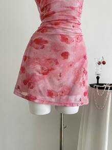 Chiquease Women Floral Print Mesh Patchwork Spaghetti Strap Mini Dress