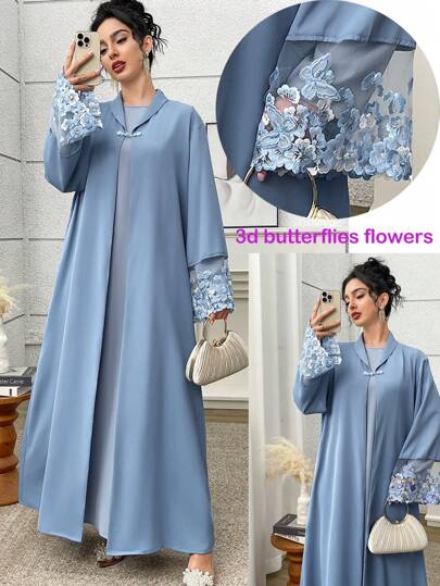 Yasmyna 女式花卉刺绣网眼袖长袍夹克 袖口上有 3D 蝴蝶 女式夏季服装 蓝色长袍 女式端庄连衣裙长袍