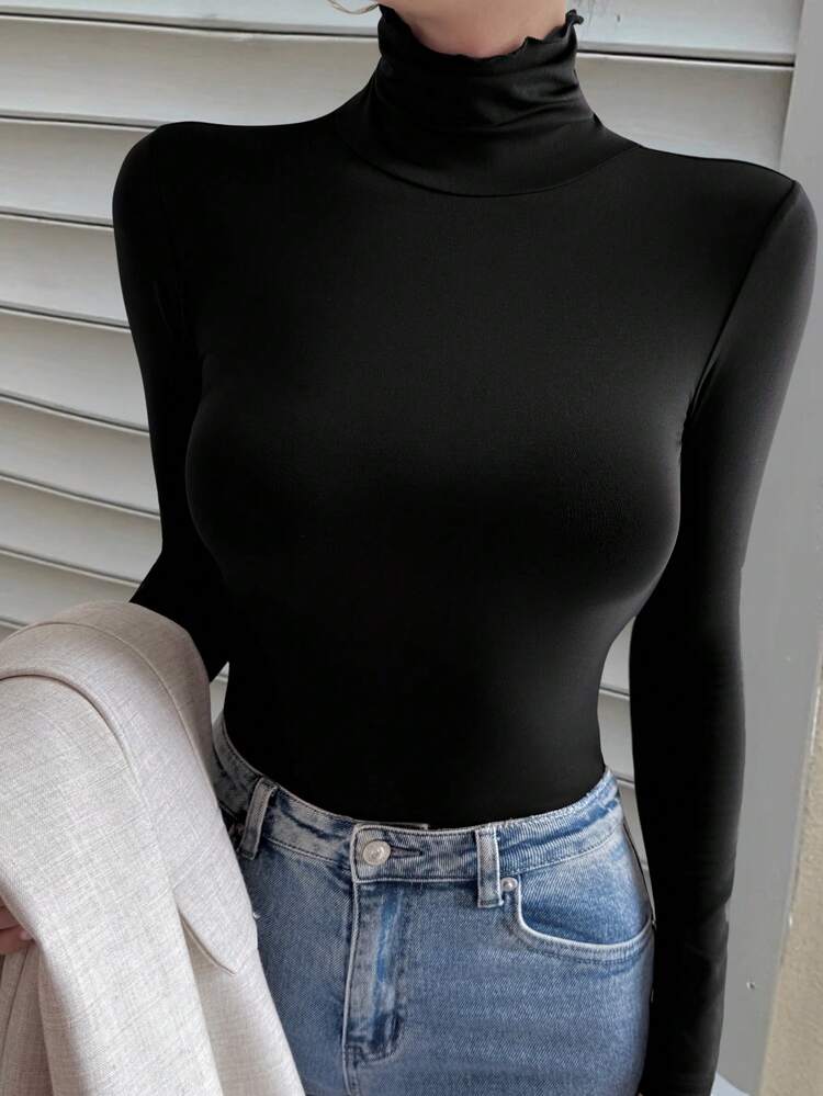 1pc Women's High Neck Casual Long Sleeve Slim T-Shirt,Fall Clothes