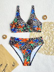 Swim Vcay 2件套新款多色豹纹花朵侧高开叉丁字裤比基尼泳装套装女士沙滩度假 - 彩色 - 查看 2