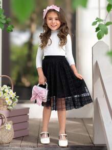 SHEIN Young Girl Elegant High Waist Plaid Mesh Midi Skirt With Lining, Perfect For Vacation - Black - View 3