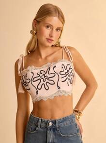 CAJUNI Bohemian Holiday Leisure Floral Print Lace Trim Tassel Tie-Up Cropped Camisole For Women - Apricot - View 6