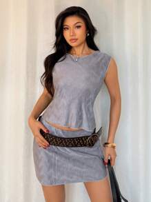 SHEIN Unity 2pcs Women Casual Pleated Sleeveless Crop Top & Mini Skirt Set - Dark Grey - View 6