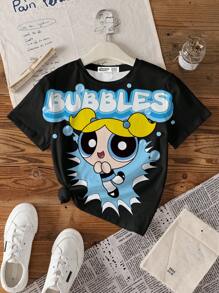 THE POWERPUFF GIRLS X SHEIN Tween Girl Cartoon Pattern Short Sleeve Round Neck T-Shirt, Summer - White - View 4