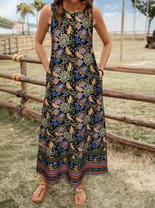 SHEIN LUNE Damen lässiges Paisley Blumen Muster Ärmelloses Kleid mit Taschen, Basic für Alltagstragen & Urlaub, Frühling/Sommer