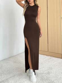 SHEIN EZwear Váy xẻ tà màu nâu rộng rãi thanh lịch dành cho nữ, phong cách thường ngày mùa hè - màu nâu - Xem 5