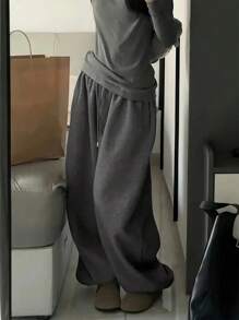 INAWLY 女士纯色深灰色抽绳腰部松紧腰带宽松运动裤 - 深灰色 - 查看 3