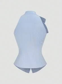 Sweetra Blusa sin mangas a rayas de talle alto y ajustada con lazo para mujer de talla grande, estilo universitario casual