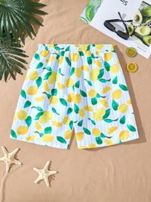 Men's Fresh Lemon Print Woven Fabric Casual Beach Shorts, Summer, Hawaiian