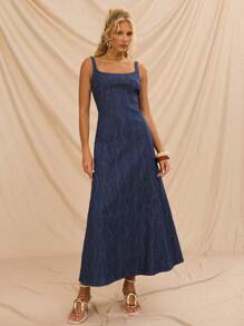 Avantive Vestito lungo di jeans blu senza maniche con texture, adatto per donna, per eventi come feste, occasioni formali, spiaggia, vacanze, uso casual elegante, compleanni, uscite, attività serali, ufficio, festival, raves, eventi di lavoro, stile classico, concerti, brunch, crociere, aeroporto, eventi modesti, chiesa, stile fairycore, tea festa, stile Y2K, streetwear anni 2000, discoteche, primavera, laurea, matrimoni, cocktail, vintage, bodycon, resort, Coachella - Blu lavato scuro - Visualizzare 5