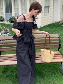 DAZY Women's Summer Casual Sleeveless Denim Shirt And Loose Fit Jeans Pants 2 Pieces Set