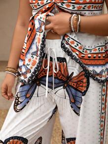 Breezaya Set de 2 piezas para mujer talla grande, mono de tirantes con estampado de mariposas tejido, ajuste regular, para primavera/verano