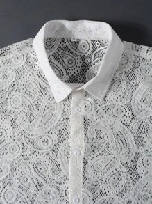 Manfinity Homme 2pcs/Set Men's Casual Cashew Hollow Short Sleeve Single-Breasted Shirt And Shorts - Black and White - View 3