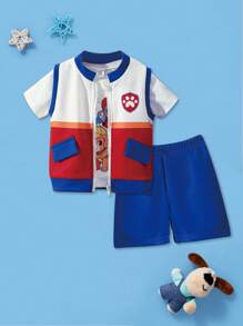 SHEIN Playful Pals 3pcs Baby Boy Sets, Including Short Sleeve Top, Sports Shorts, And Vest. The New Style Features A Cute And Cool Round Neck Short Sleeve Top With A Cute Puppy Pattern, Blue Sports Shorts, And A Sleeveless Vest With A Zipper Panel. This 3-Piece Set Is Basic And Multi-Functional, Suitable For Summer Wear, Can Be Worn As A Fashionable Loose Casual Outfit, Sportswear, Or For Vacation, Outings And Leisure Occasions.