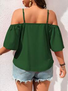 SHEIN LUNE Camisa de estilo retro con hombros descubiertos y nudo delantero, en unicolor, de moda y casual, talla grande - Verde Oscuro - Ver 2