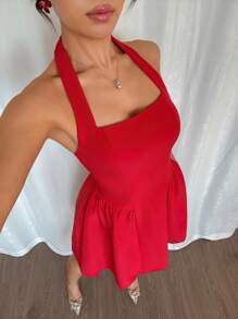 Islaluna 女式法式红色细肩带松紧腰露背短款连衣裙 - 紅色 - 查看 5