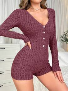 女士罗纹V领长袖连体裤家居服，舒适保暖，秋冬款 - 紅色 - 查看 5