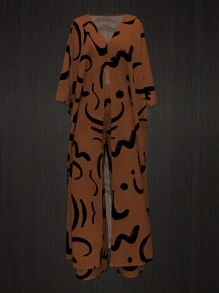 SHEIN Plus Size Allover Print V-Neck Slit Hem Short Sleeve Top & Elastic Waist Pants 2 Pieces Set - Mocha Brown - View 3