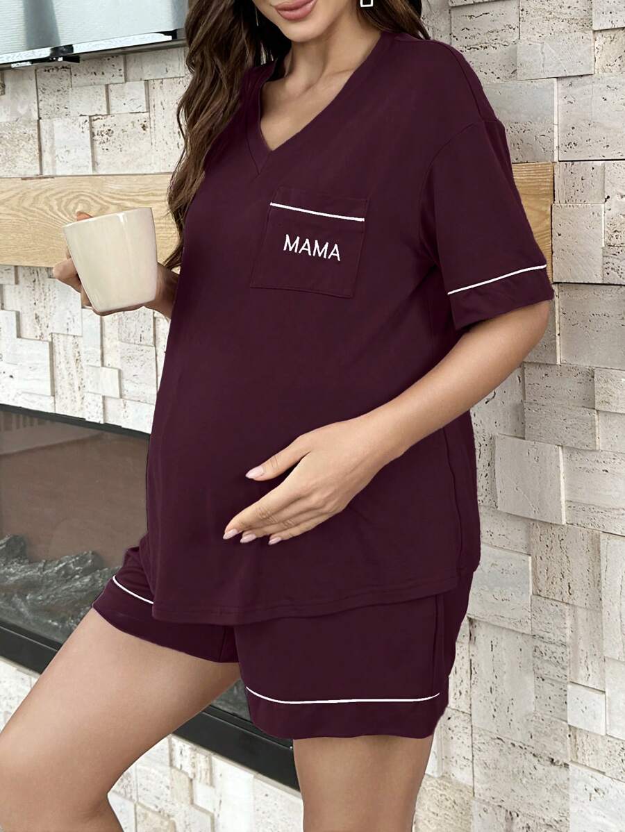孕妇撞色装饰口袋字母印花短袖短裤睡衣套装 - 酒紅色 - 查看 1