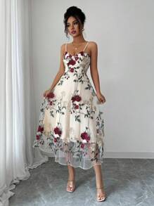 Elenzga 女士夏季度假连衣裙，网眼刺绣细肩带露背花卉印花无袖连衣裙 - 杏色 - 查看 4